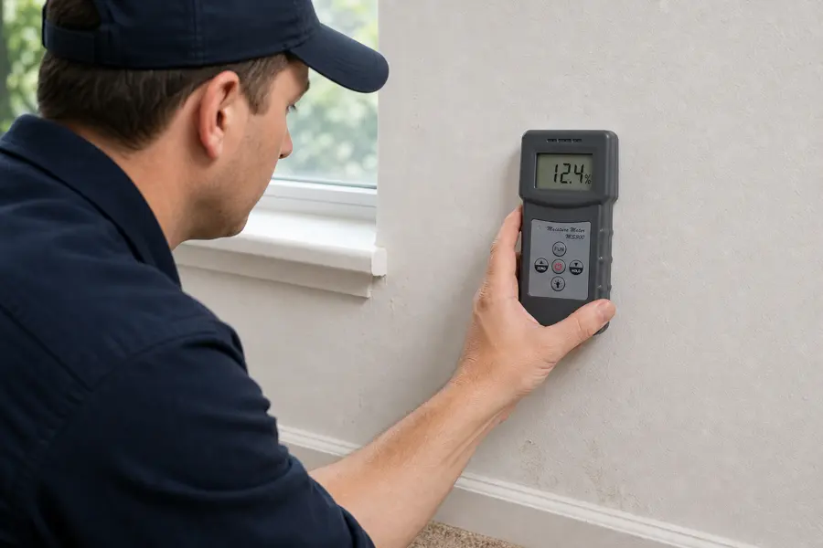 A technician holding a pinless moisture meter to a wall, the first reading of a Monroe dry-out