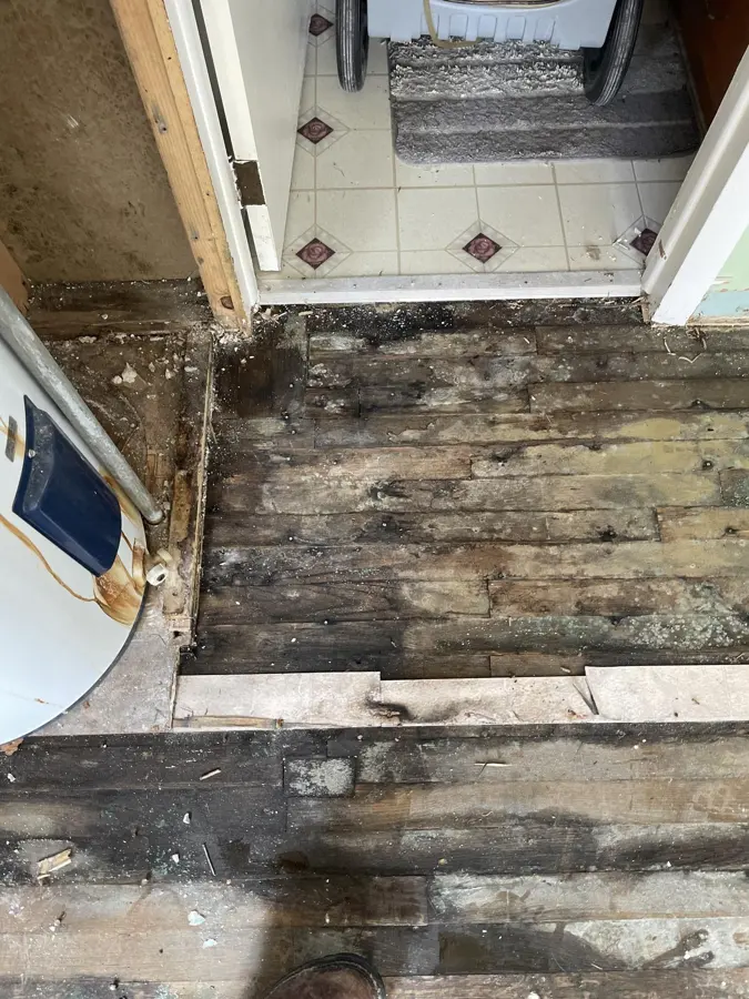 Water damaged subfloor exposed at a doorway after the flooring came out