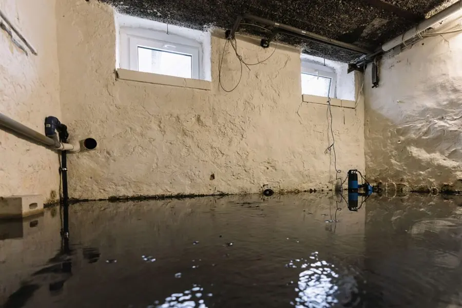 Monroe basement flooding cleanup: standing water across an older stone-walled basement