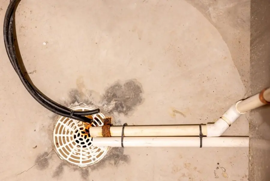 Monroe sewage backup cleanup: sewage staining spread around a basement floor drain