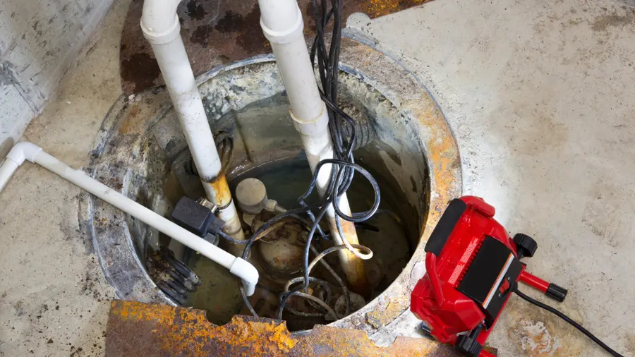 Monroe sump pump failure cleanup: an open sump pit with the pump and discharge pipe
